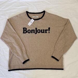 LOFT Beige Crewneck Sweater with Black Trim and 'Bonjour!'